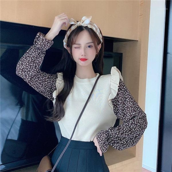 

print sweet style ruffles fake two pieces women's clothing flare sleeve korean clothes ladies fashion brand female sweater1, White;black