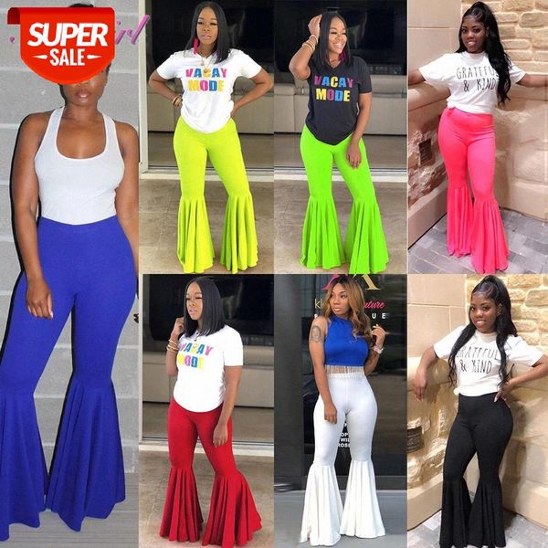 

plus size 5xl pants casual neon high waist full length elastic flare pants women ruffles hem high waist trousers leggings #ln3l, Black;white