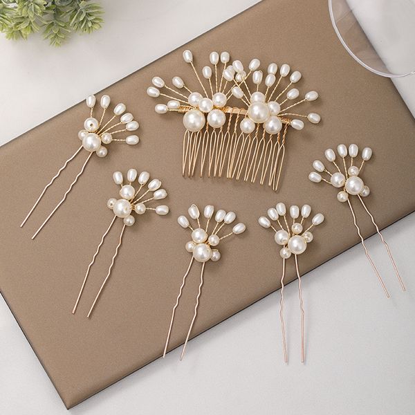 

six-piece set women's hair comb wedding headdress pearl bridal hair accessories headdress flower jewelry hair pins handmade, Slivery;golden