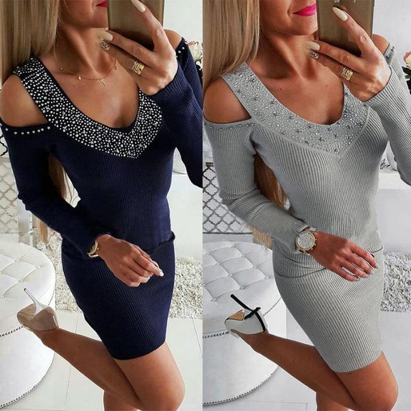 

fall winter 2021 casual bodycon dress women slim solid long sleeve dresses female mini off shoulder party dress vestidos, Black;gray