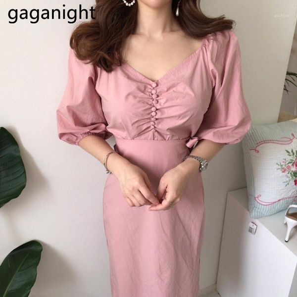 

gaganight elegant women pink bodycon long dress summer fashion buttons ruched slim lady dresses chic korean sweet vestidos 20201, Black;gray