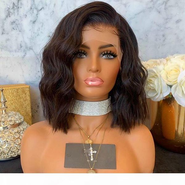 

180density bob wavy 13x6 lace front human hair wigs for women thick lob style natural wave deep part full lace human hair wig, Black
