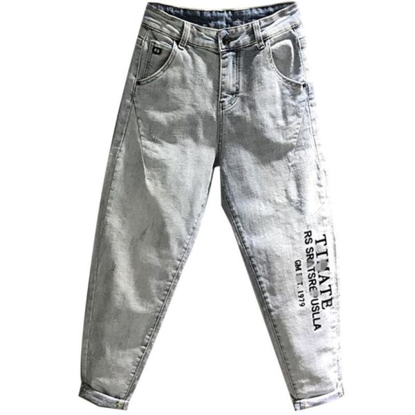 

2020 spring new fashion letter printing light-colored jeans women ripped loose ankle length harem pants plus size, Blue