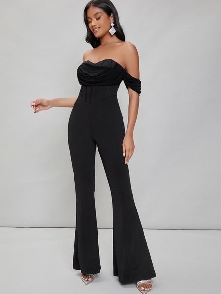 

off shoulder seam front flare leg jumpsuit n6l1#, White