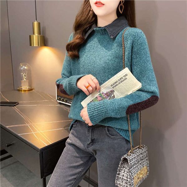 

new 2020 fake two piece knitted bottoming shirt chenille pullover sweater for women's autumn and winter loose wear8uy, White;black