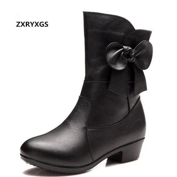 

boots elegant bow soft cowhide spring leather fashion shoe women black autumn winter warm shoes snow