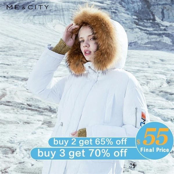 

me&city new long warm down jacket women winter portability 90% white duck down winter fur collar hooded female down coat 201031, Black