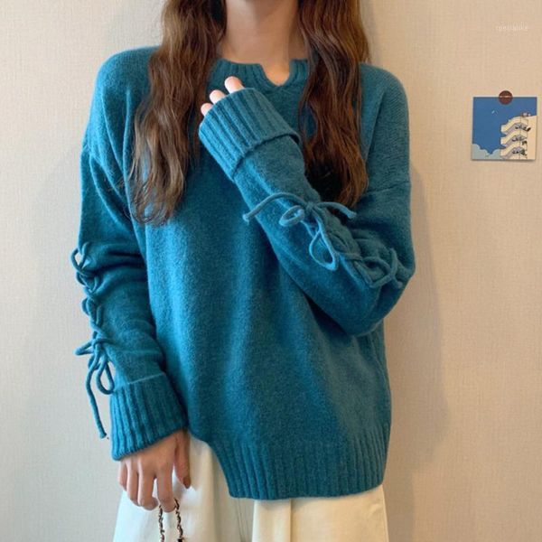 

korean version japanese sweater fashion casual all-match irregular drawstring lace round neck long sleeve knitted, White;black