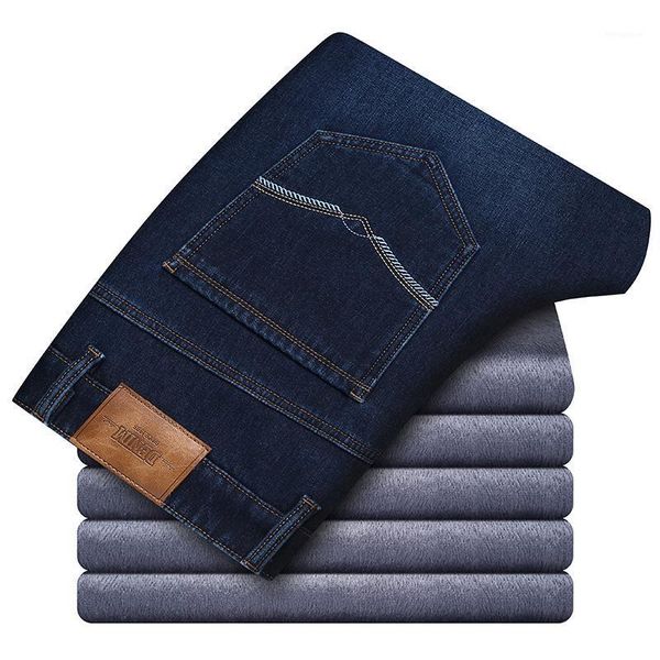 

2020 winter new men's warm loose jeans classic style business casual dark black denim elasticity thick pants plus size 42 44 461, Blue
