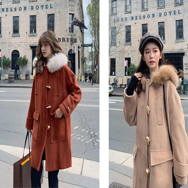 

women's wool & blends solid thickened woolen ladies jackets winter mid-length horn button plus cotton hooded straight fashion coat wome, Black