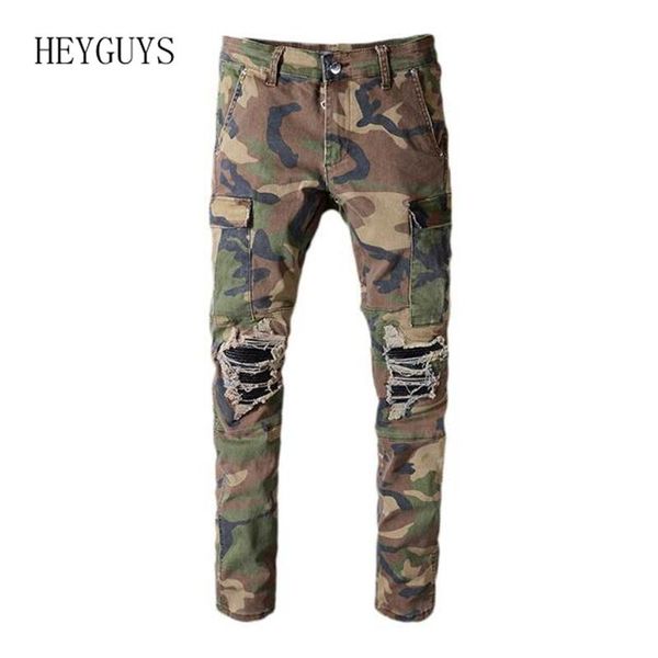 

nagri men's camouflage printed patchwork biker jeans for moto slim fit straight army green pockets cargo denim pants, Blue