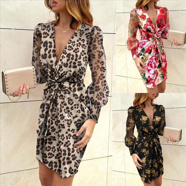 

2020 new elegant women dress office lady floral leopard pencil dress long puff sleeve deep v bodycon fashion slim, Black;gray