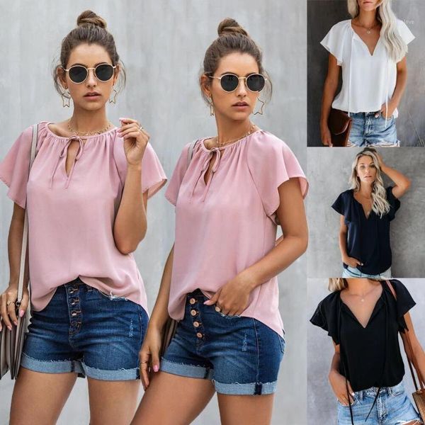 

2020 new design women v-neck lace up t-shirt women fashion short sleeve ruffles sleeve loose elegant tee1, White