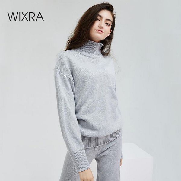 

wixra casual women's sweater suits and sets autumn winter turtleneck long sleeve +long trousers solid 2 pieces 201119, White