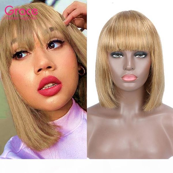 

honey blonde straight short bob wigs with bangs pixie cut human hair brazilian remy front non lace wig pre-colored #27 glueless bob wig, Black;brown