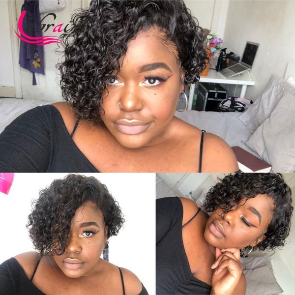 

lace wigs hd 13x4 curly front 4x4 closure wig short bob human hair pixie cut frontal bleached knot, Black;brown