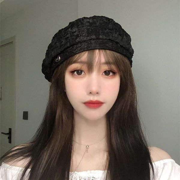 

designer pleated lace beret hat for women lolita baret cap with  french spring summer painter octagonal hats solid color, Blue;gray