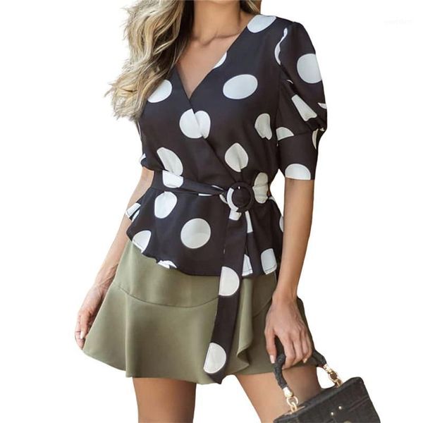 

women casual business work shirt fashion puff sleeve bandage slim dots classic blouse summer clothes v neck belted blusas1, White