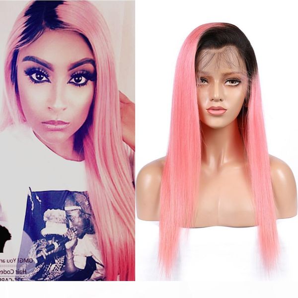 

ombre pink peruvian human hair lace front wigs with baby hairs #1b pink dark roots ombre straight full lace wigs glueless 130 density, Black;brown