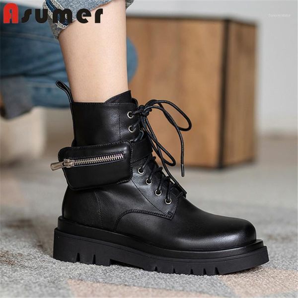 

boots asumer 2021 est genuine leather shoes women ankle lace up zip comfortable flat platform woman motorcycle boots1, Black