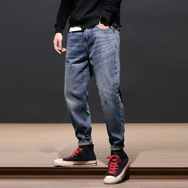 

2021 new japanese style fashion men jeans loose fit retro blue denim harem pants vintage designer wide leg baggy trousers 0uxv