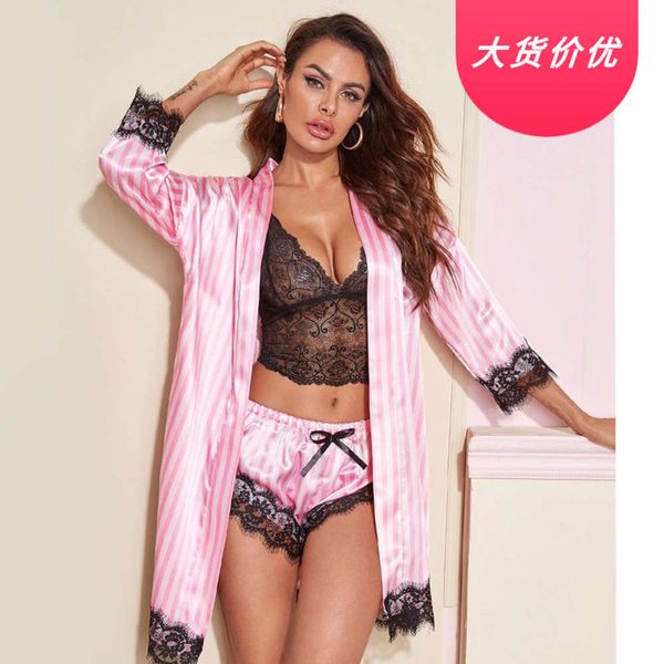 

2020 new style suspender underwear satin stripe coat lace hollow bra set, Black;white