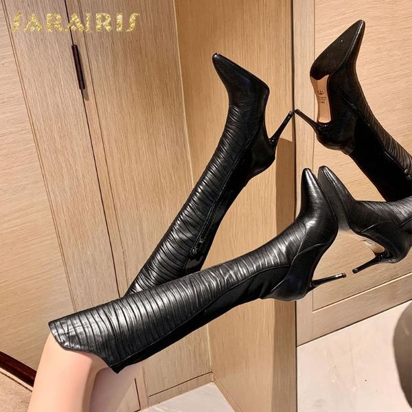 

sarairis 2021 genuine cow leather thin high heels knee high boots women shoes pointed toe zip ins party boots, Black