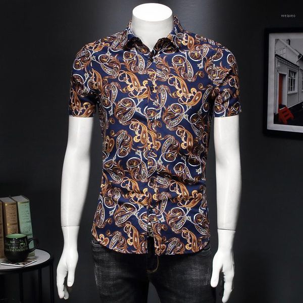 

summer floral printing mens casual shirt lapel neck slim fit short sleeve hawaiian shirts men camisa 2020 -7xl1, White;black