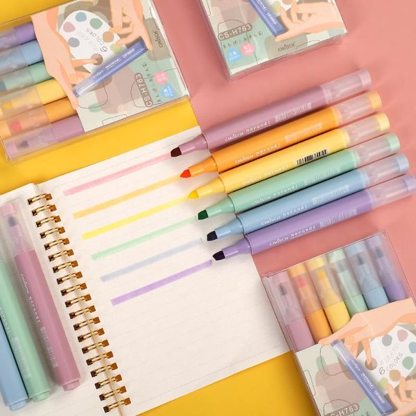 

jianwu 6pcs/set morandi color triangle highlighter color high capacity diy mark pen student journal pens kawaii school supplies, Black;red