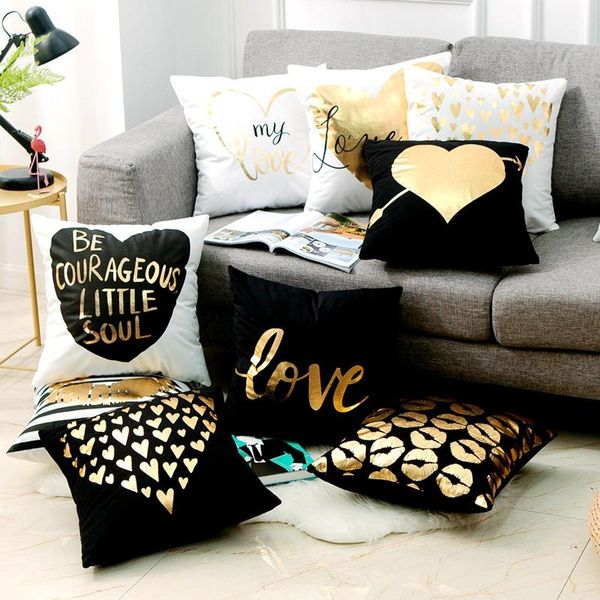 

love black and white bronzing cushion decorative pillows gold foil geometric pillowcase home decor sofa throw pillow 17*17inch