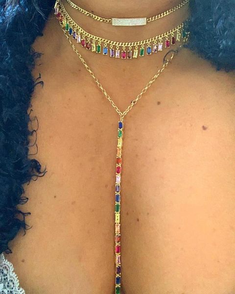 

chokers fashion gold color rainbow colorful baguette cubic zirconia long drop cz y shape women multi layer bar pendant choker necklace, Golden;silver