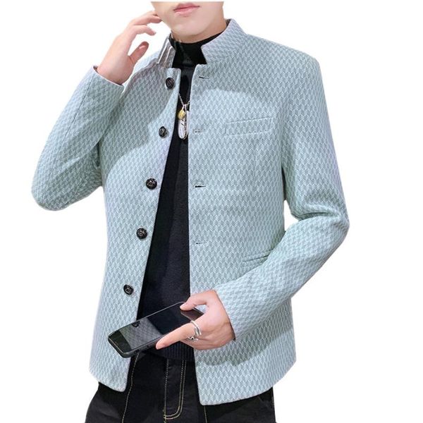 

2020 winter new young men business casual suit jackets single-breasted stand-up collar slim fit male blazer black khaki blue, White;black