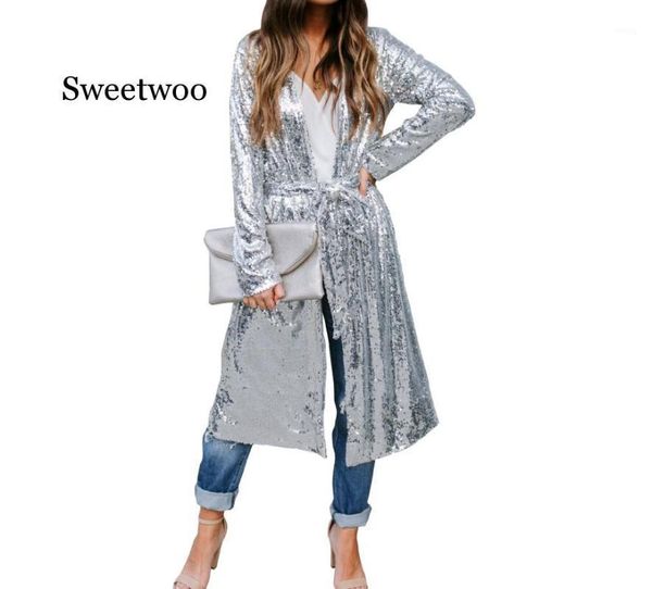 

women sparkly sequined jacket open front long coat spring autumn causal glitter kimono party club female1, Black;brown