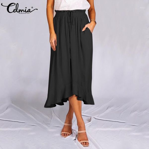 

summer skirts 2020 celmia fashion women asymmetrical ruffles loose casual skirt elegant office party elastic waist long skirts1, Black