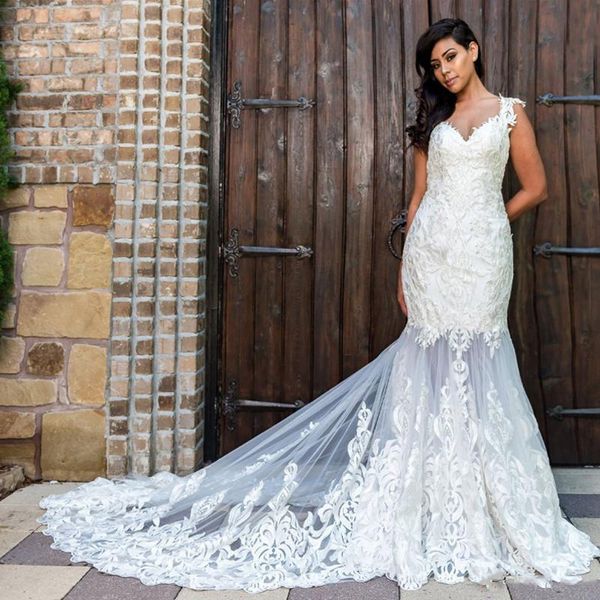 

sweetheart neck lace mermaid wedding dresses with appliques cap sleeves court train tulle garden bridal gowns, White