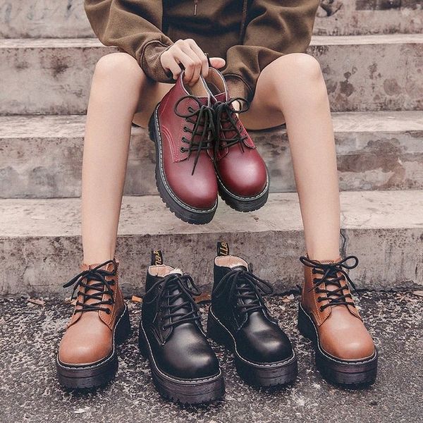 

women boots lace up platform ankle boots women shoes winter for booties motorcycle female warm fur snow g2kl#, Black