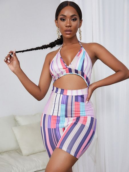 

sxy striped cutout tied backless romper b33z#, White