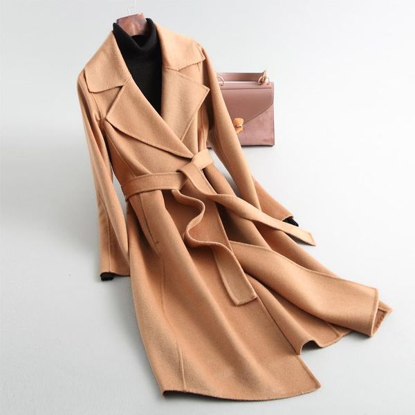

women's wool & blends 2021 autumn women cashmere long coat elegant turn down collar woolen with belt winter warm casaco feminino, Black