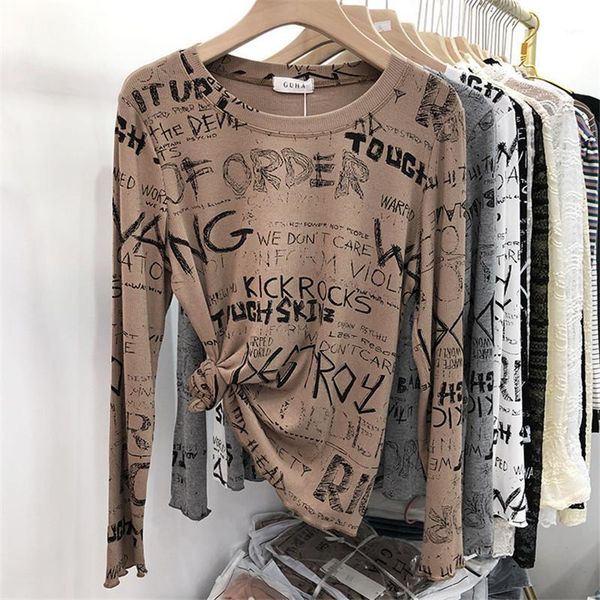 

2020 autumn winter korean version new wild thin ladies casual retro printing long-sleeved slim bottoming 1, White