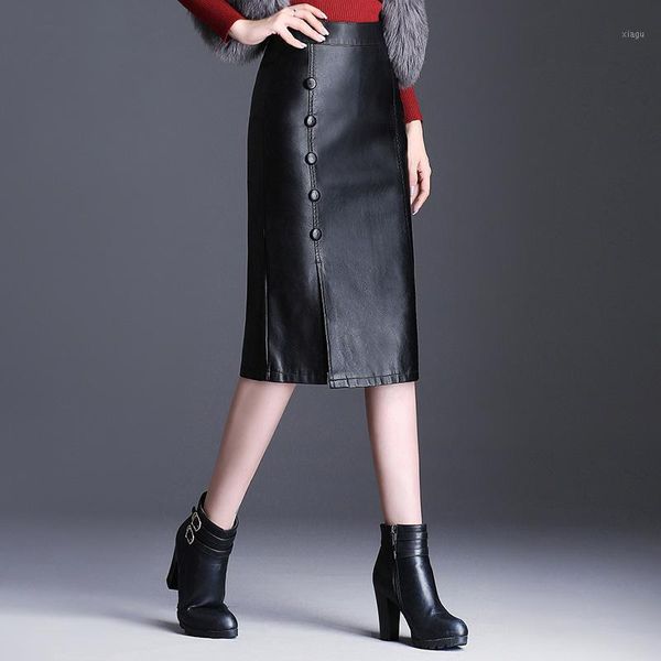 

women autumn winter slim fit slit plus size black pu leather skirt office lady elegant chic high waist long bodycon skirts m-4xl1