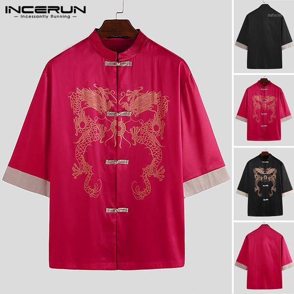 

men chinese style shirts vintage printing tang suit man casual stand collar button half sleeve loose elegant blouse incerun1, White;black