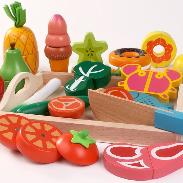 Cibo in legno Giocattoli da cucina Simulazione Verdure Frutta Magnete Cucina Giocattoli Colazione Giocattoli educativi per bambini Casa da gioco LJ201009