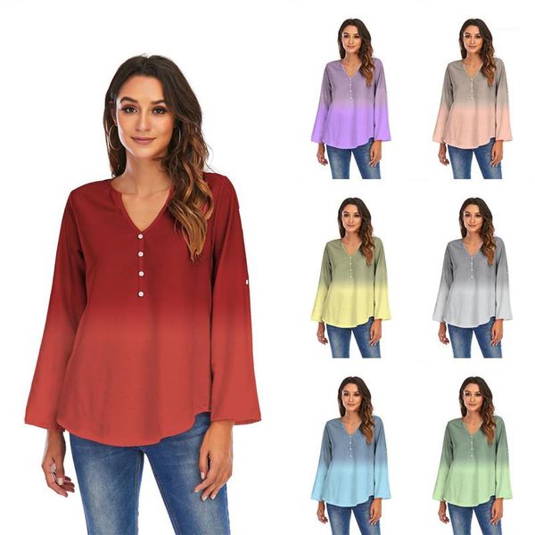 

womens blouses loose v neck long sleeve pullover chiffon spring autumn fall fashion women casual shirts gradient plus size, White