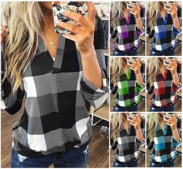 

new women v-neck check lattice plaid shirt long sleeve lady casual loose blouse plus size s-3xl1, White