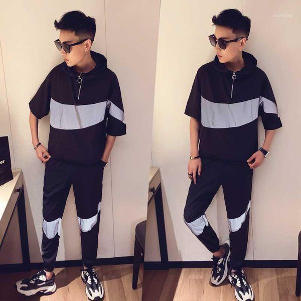 

casual sweatshirt+pant male 2 pieces track suit sportswear set spring hoodies short sleeve set men tracksuit patchwork hip hop1, Gray