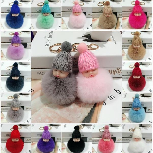 

cute sleeping baby plush doll keychain soft rabbit fur ball pom poms plush key chain car key ring bag keychain with fast shipping gwf2307, Silver