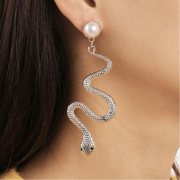 

stud 2pcs/set vintage women earrings set pearl snake pendant gold silver color earring charm wedding party female jewelry, Golden;silver