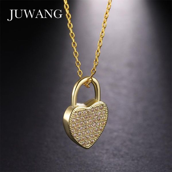 

pendant necklaces juwang heart lock cz & necklace for woman girl cubic zirconia rose gold/gold sliver color chain jewelry gift wholesale, Silver