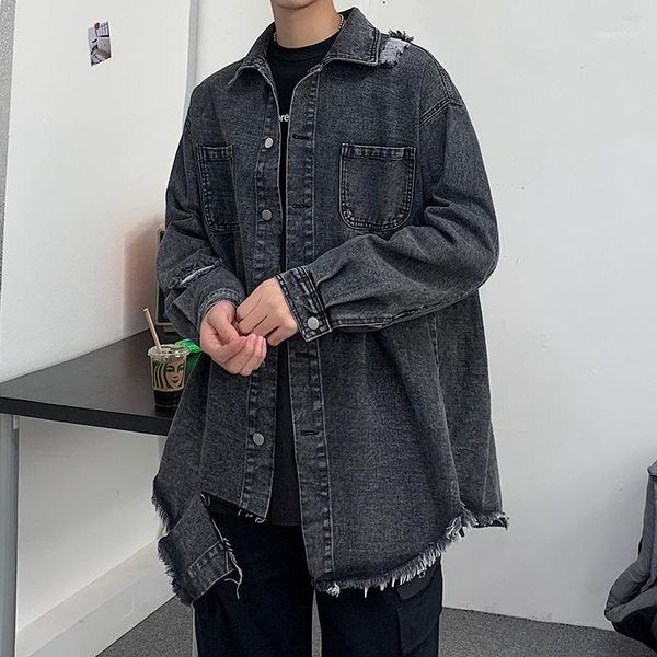 

2020 men's irregular hole streetwear denim bomber jacket fashion trend coats black/blue color outerwear windbreaker size m-2xl1, Black;brown