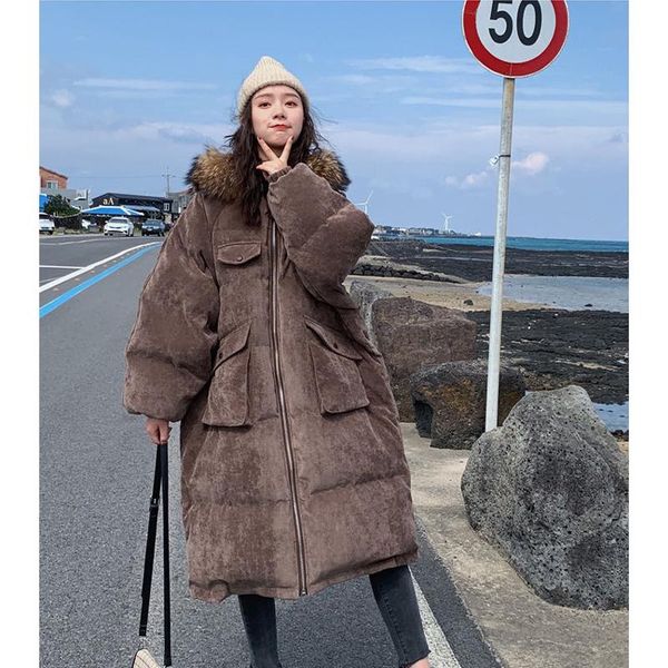 

women winter caffee color fur hood thicken long bread cotton coat jacket parkas zipper straight overcoat outerwear, Black
